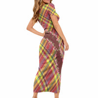 Happy Jounen Kweyol Short Sleeve Bodycon Dress Madras Pattern Roses Stylized