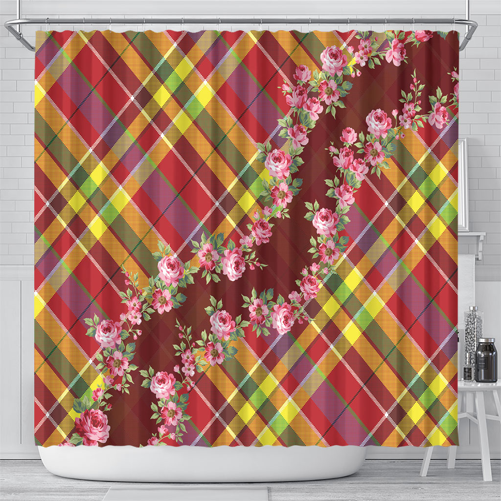 Happy Jounen Kweyol Shower Curtain Madras Pattern Roses Stylized