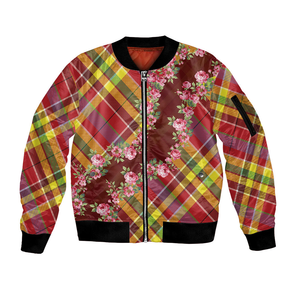 Happy Jounen Kweyol Sleeve Zip Bomber Jacket Madras Pattern Roses Stylized
