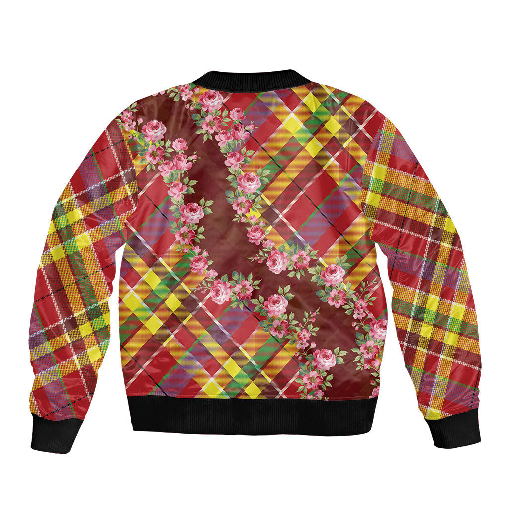Happy Jounen Kweyol Sleeve Zip Bomber Jacket Madras Pattern Roses Stylized