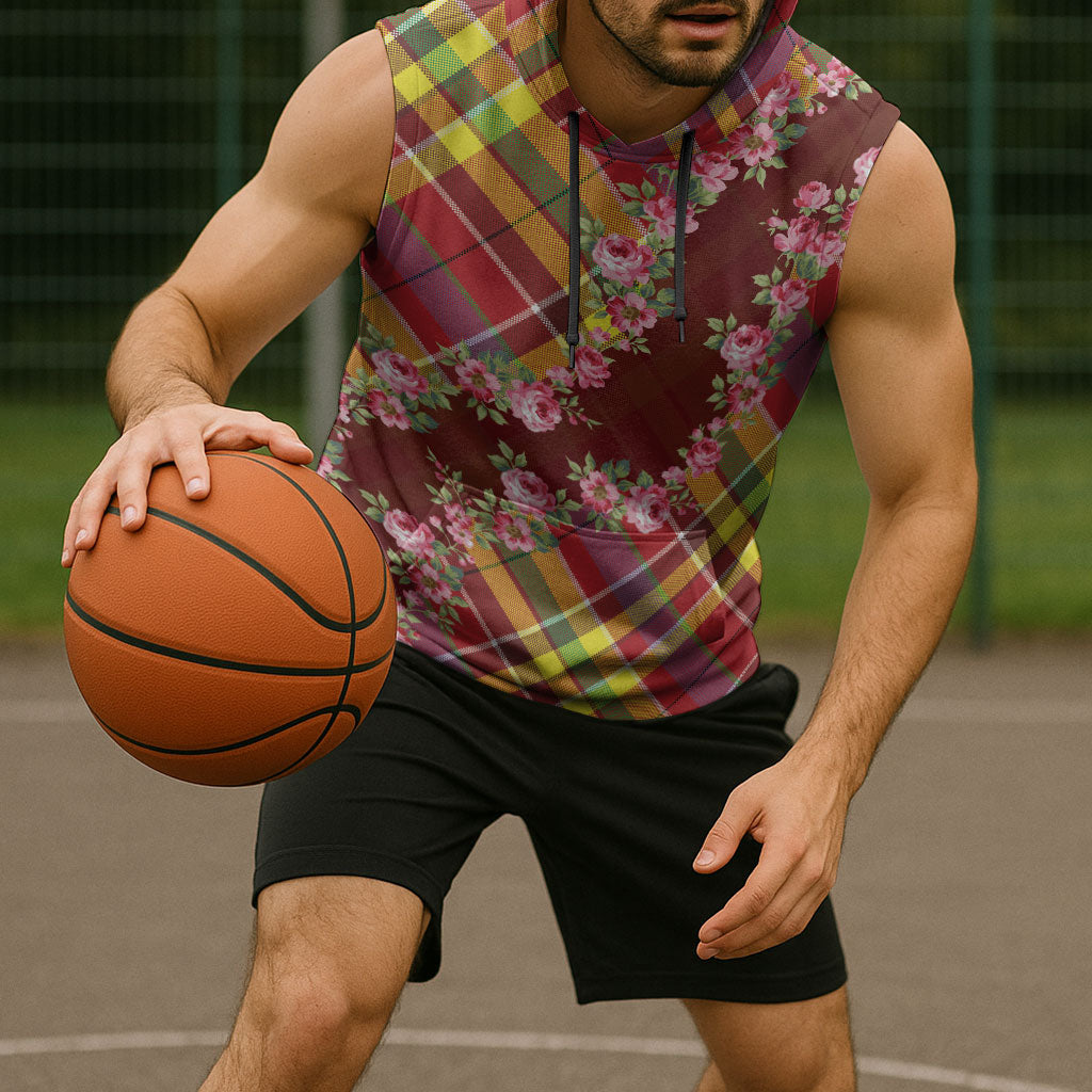 Happy Jounen Kweyol Sleeveless Hoodie Madras Pattern Roses Stylized