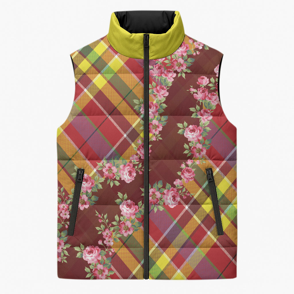 Happy Jounen Kweyol Sleeveless Puffer Jacket Madras Pattern Roses Stylized