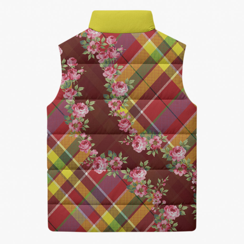 Happy Jounen Kweyol Sleeveless Puffer Jacket Madras Pattern Roses Stylized