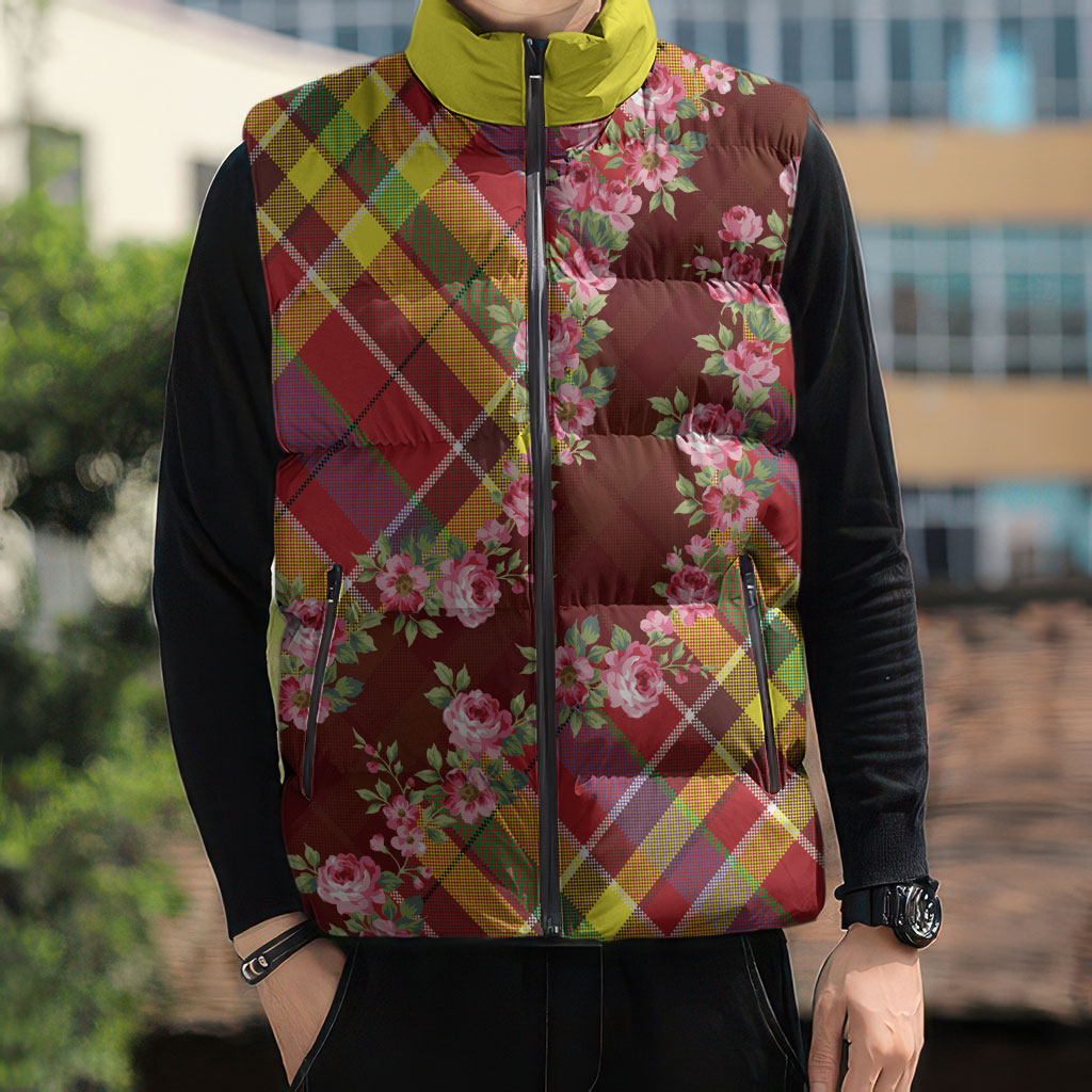Happy Jounen Kweyol Sleeveless Puffer Jacket Madras Pattern Roses Stylized