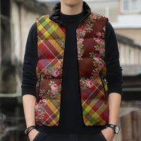 Happy Jounen Kweyol Sleeveless Puffer Jacket Madras Pattern Roses Stylized