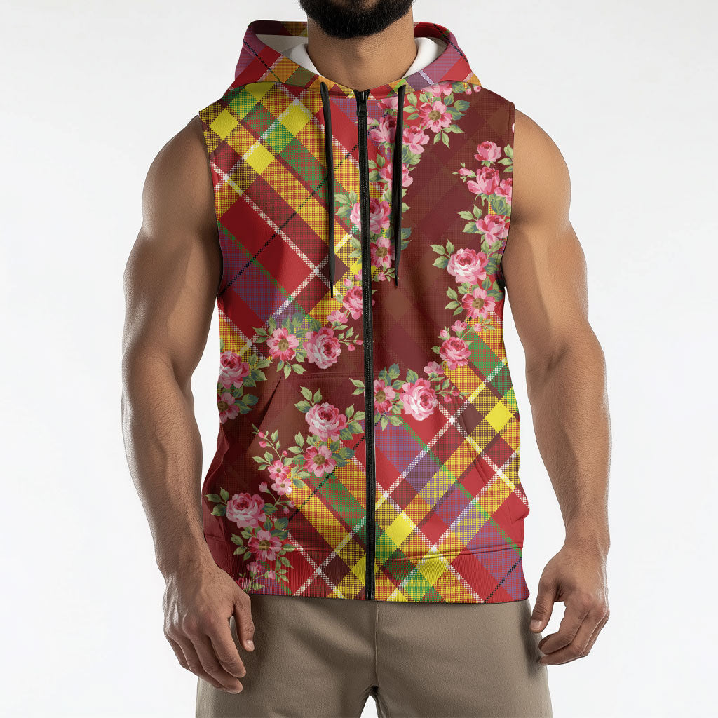 Happy Jounen Kweyol Sleeveless Zip Hoodie Madras Pattern Roses Stylized