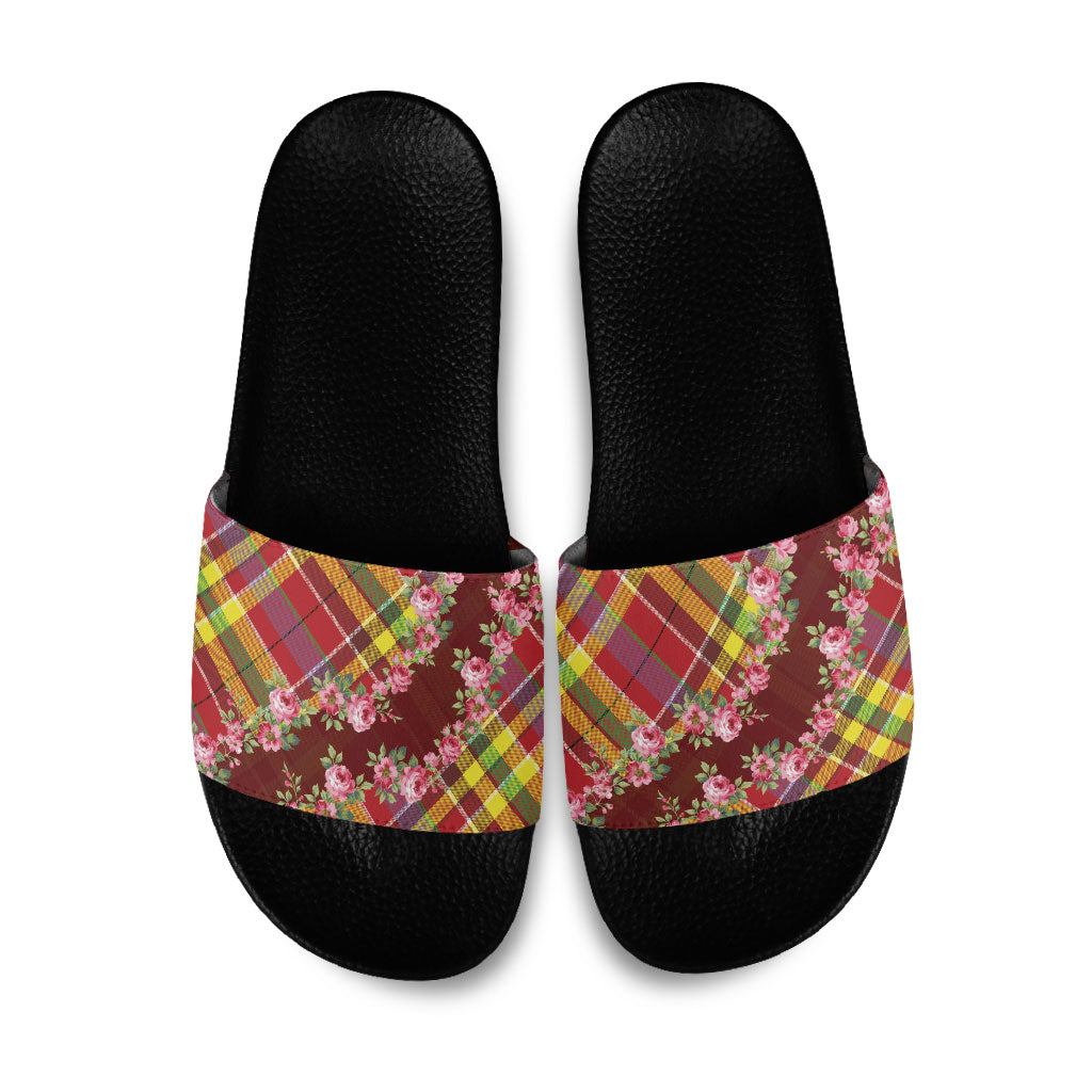 Happy Jounen Kweyol Slide Sandals Madras Pattern Roses Stylized
