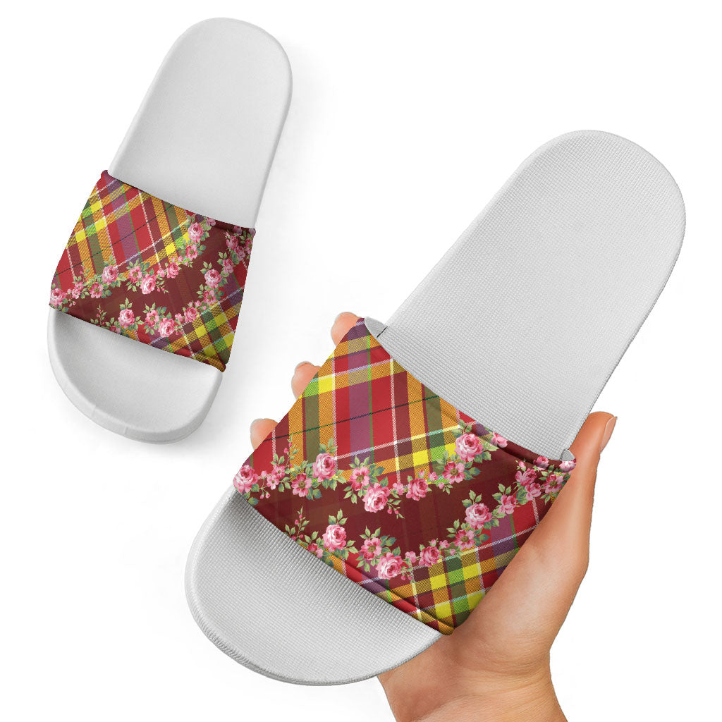 Happy Jounen Kweyol Slide Sandals Madras Pattern Roses Stylized