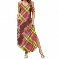 Happy Jounen Kweyol Summer Maxi Dress Madras Pattern Roses Stylized
