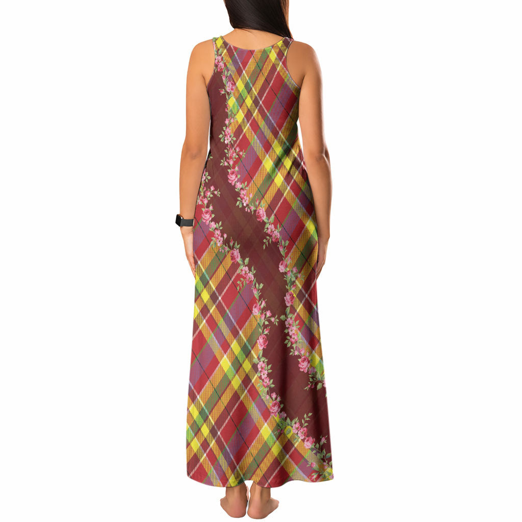 Happy Jounen Kweyol Tank Maxi Dress Madras Pattern Roses Stylized