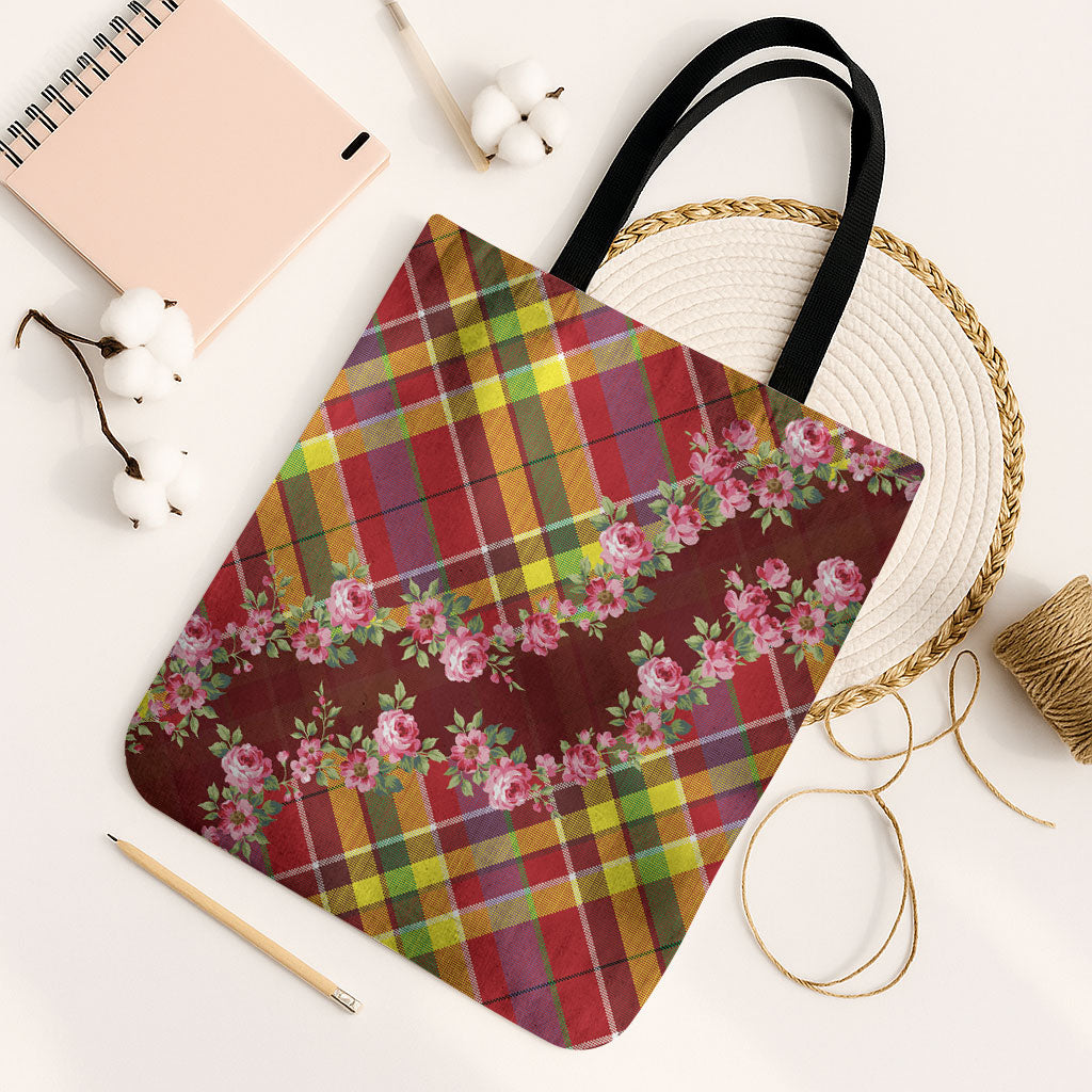 Happy Jounen Kweyol Tote Bag Madras Pattern Roses Stylized