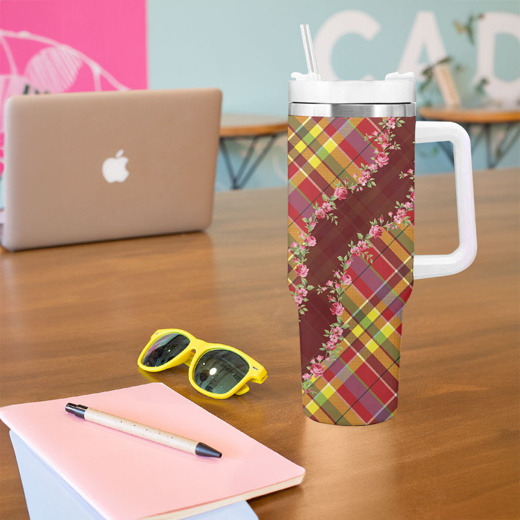 Happy Jounen Kweyol Tumbler With Handle Madras Pattern Roses Stylized