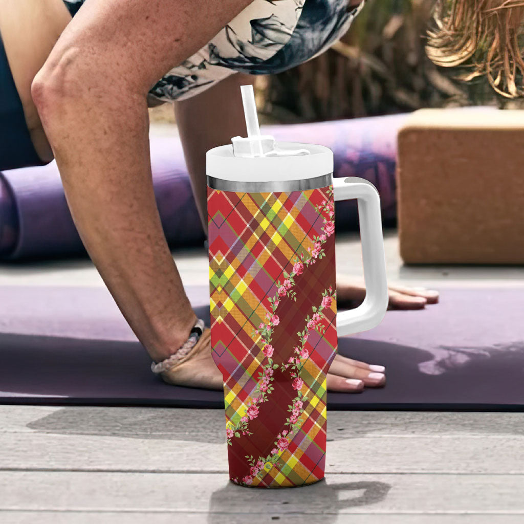 Happy Jounen Kweyol Tumbler With Handle Madras Pattern Roses Stylized