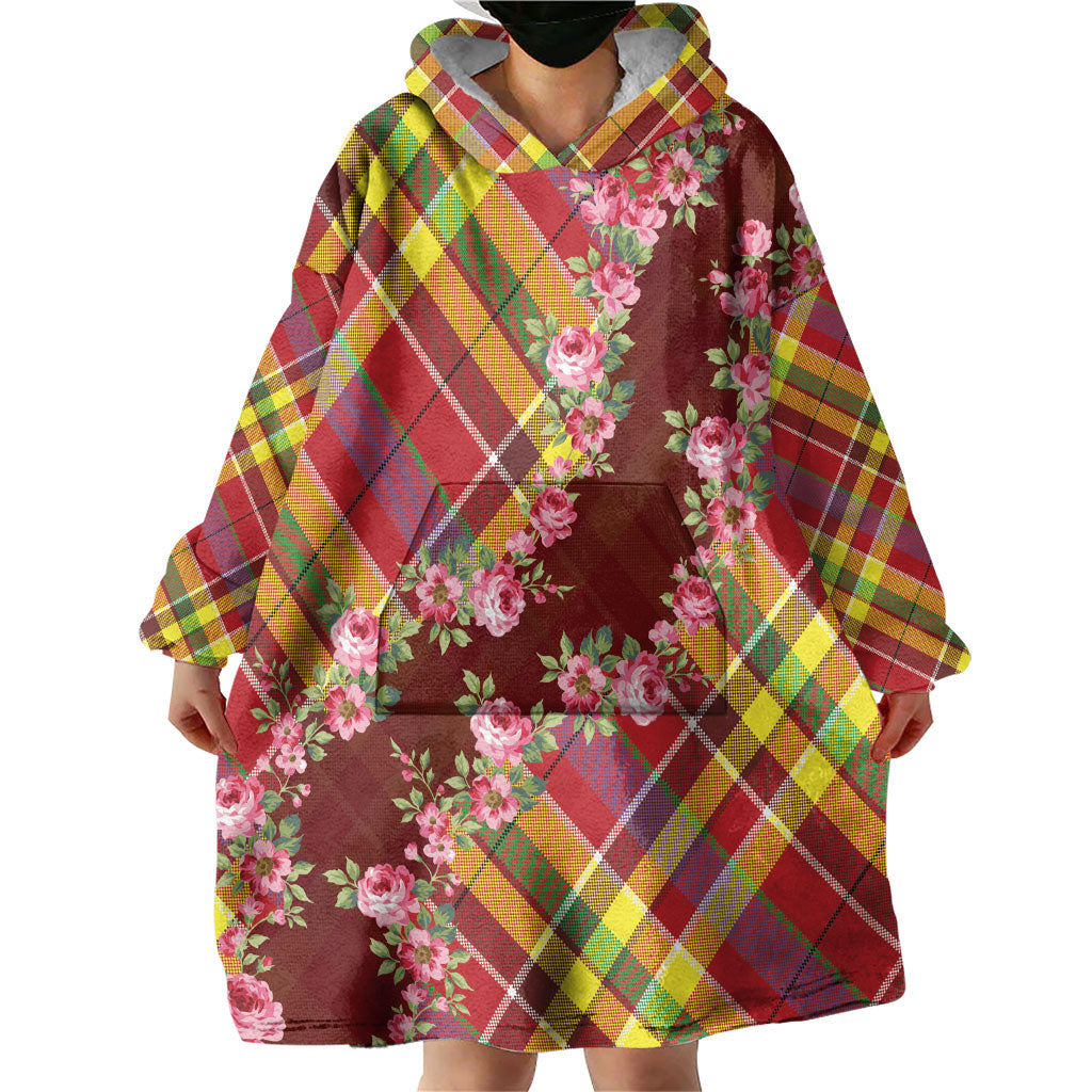 Happy Jounen Kweyol Wearable Blanket Hoodie Madras Pattern Roses Stylized