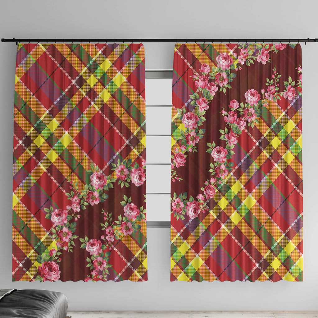Happy Jounen Kweyol Window Curtain Madras Pattern Roses Stylized