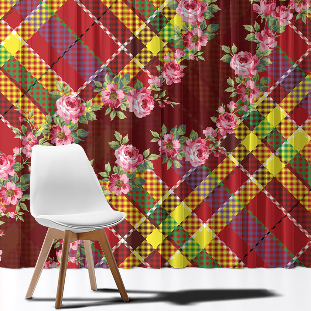 Happy Jounen Kweyol Window Curtain Madras Pattern Roses Stylized