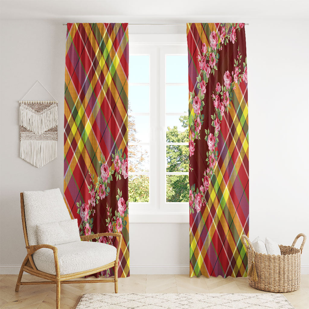 Happy Jounen Kweyol Window Curtain Madras Pattern Roses Stylized