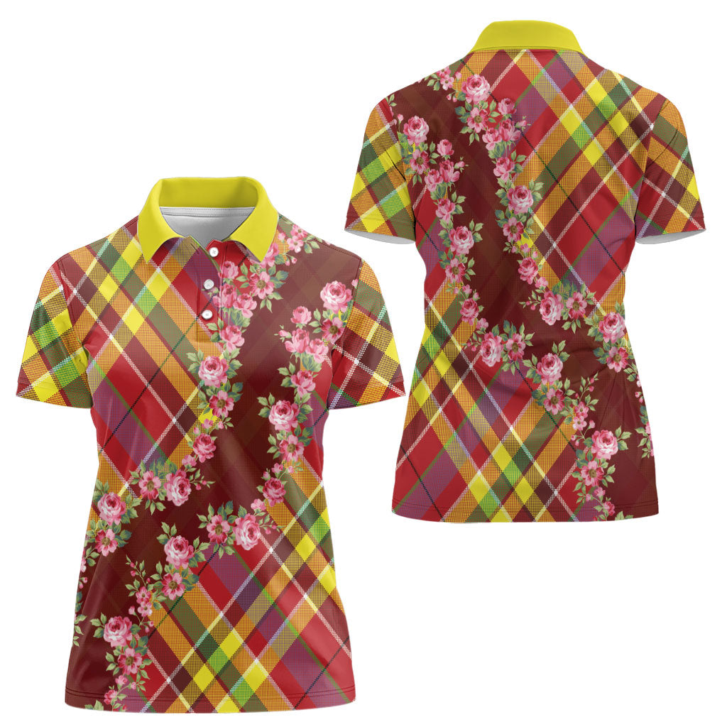 Happy Jounen Kweyol Women Polo Shirt Madras Pattern Roses Stylized