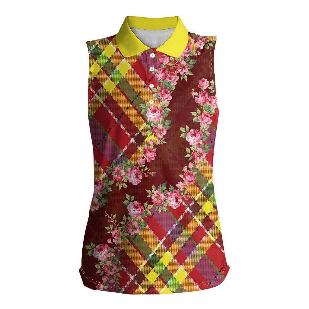 Happy Jounen Kweyol Women Sleeveless Polo Shirt Madras Pattern Roses Stylized