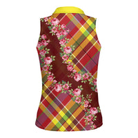 Happy Jounen Kweyol Women Sleeveless Polo Shirt Madras Pattern Roses Stylized