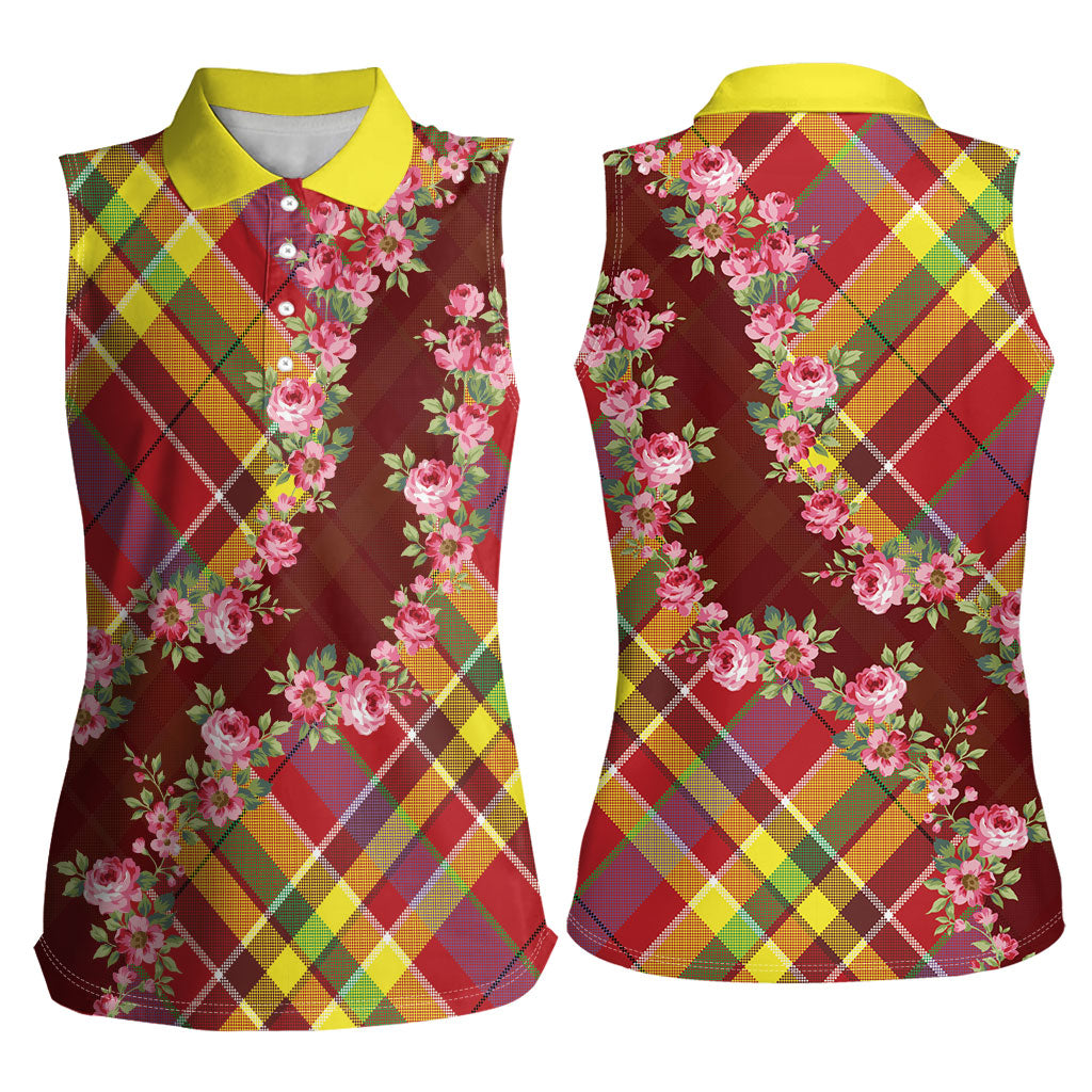 Happy Jounen Kweyol Women Sleeveless Polo Shirt Madras Pattern Roses Stylized