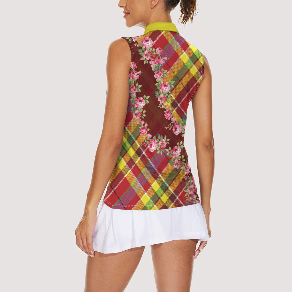 Happy Jounen Kweyol Women Sleeveless Polo Shirt Madras Pattern Roses Stylized