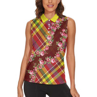 Happy Jounen Kweyol Women Sleeveless Polo Shirt Madras Pattern Roses Stylized