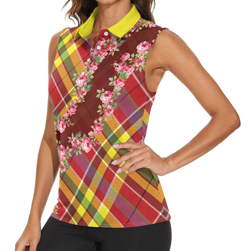 Happy Jounen Kweyol Women Sleeveless Polo Shirt Madras Pattern Roses Stylized