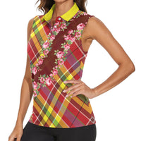 Happy Jounen Kweyol Women Sleeveless Polo Shirt Madras Pattern Roses Stylized