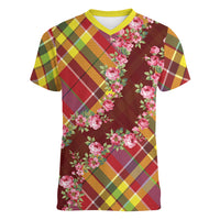 Happy Jounen Kweyol Women V-Neck T-Shirt Madras Pattern Roses Stylized
