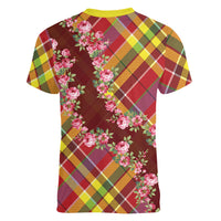Happy Jounen Kweyol Women V-Neck T-Shirt Madras Pattern Roses Stylized