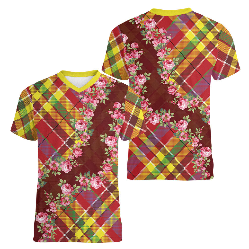 Happy Jounen Kweyol Women V-Neck T-Shirt Madras Pattern Roses Stylized