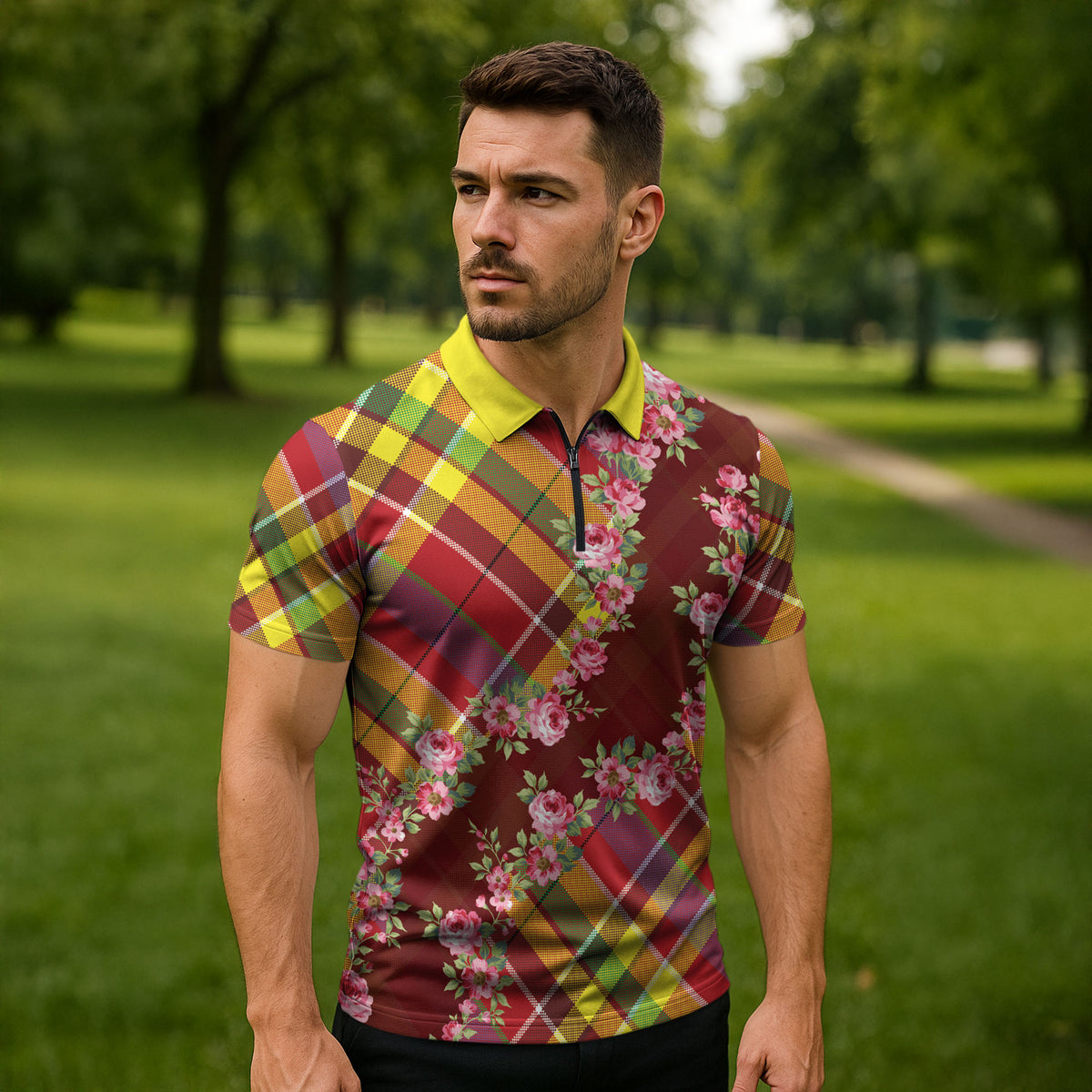 Happy Jounen Kweyol Zipper Polo Shirt Madras Pattern Roses Stylized