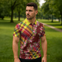 Happy Jounen Kweyol Zipper Polo Shirt Madras Pattern Roses Stylized