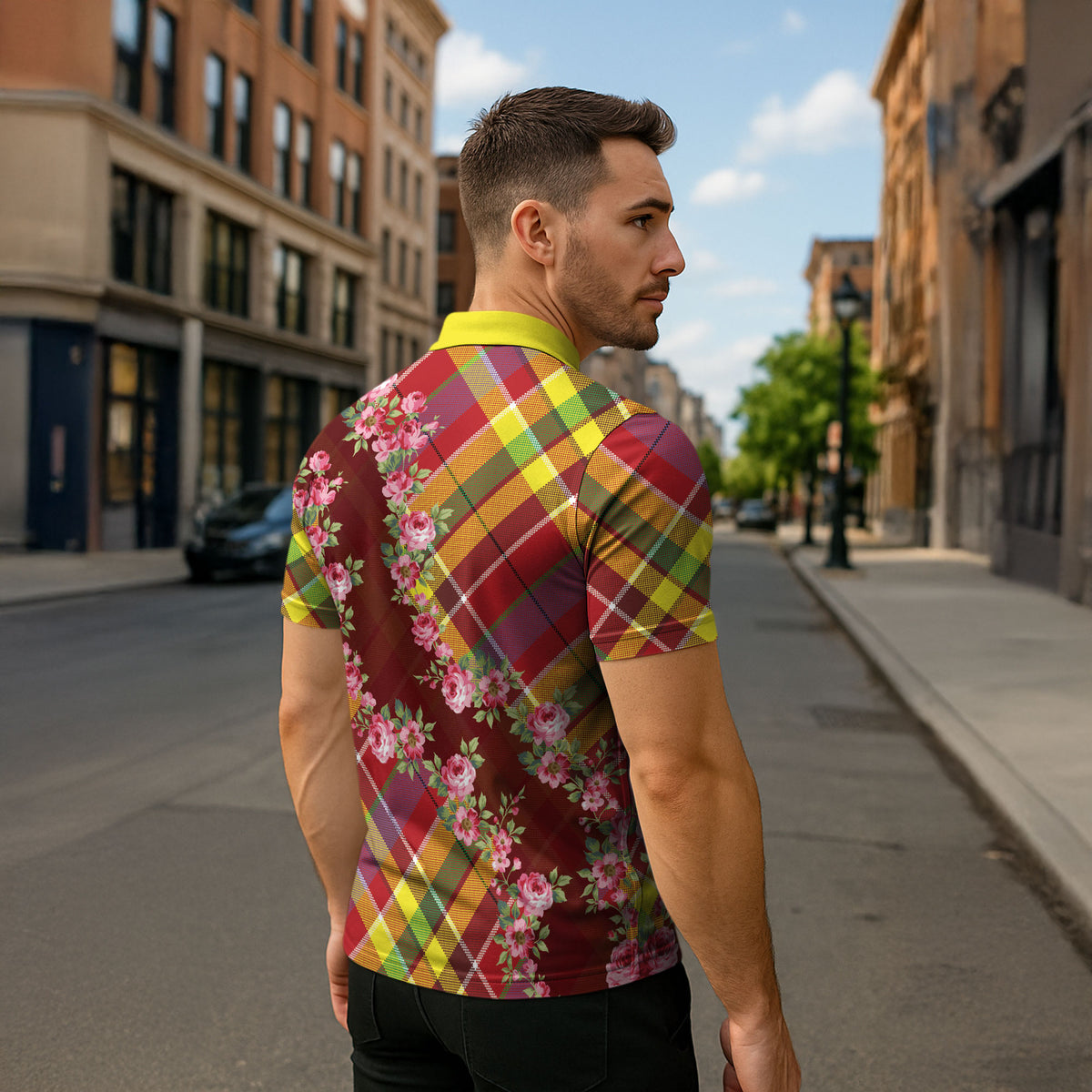 Happy Jounen Kweyol Zipper Polo Shirt Madras Pattern Roses Stylized