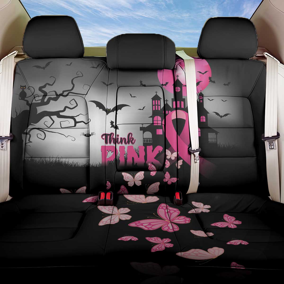 At Halloween We Think Pink Back Car Seat Cover Pink Ribbon Butterflies - Wonder Print Shop