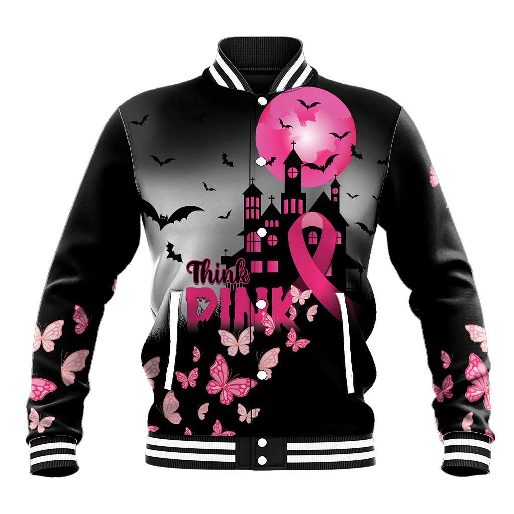 Personalized At Halloween We Think Pink Baseball Jacket Pink Ribbon Butterflies - Wonder Print Shop