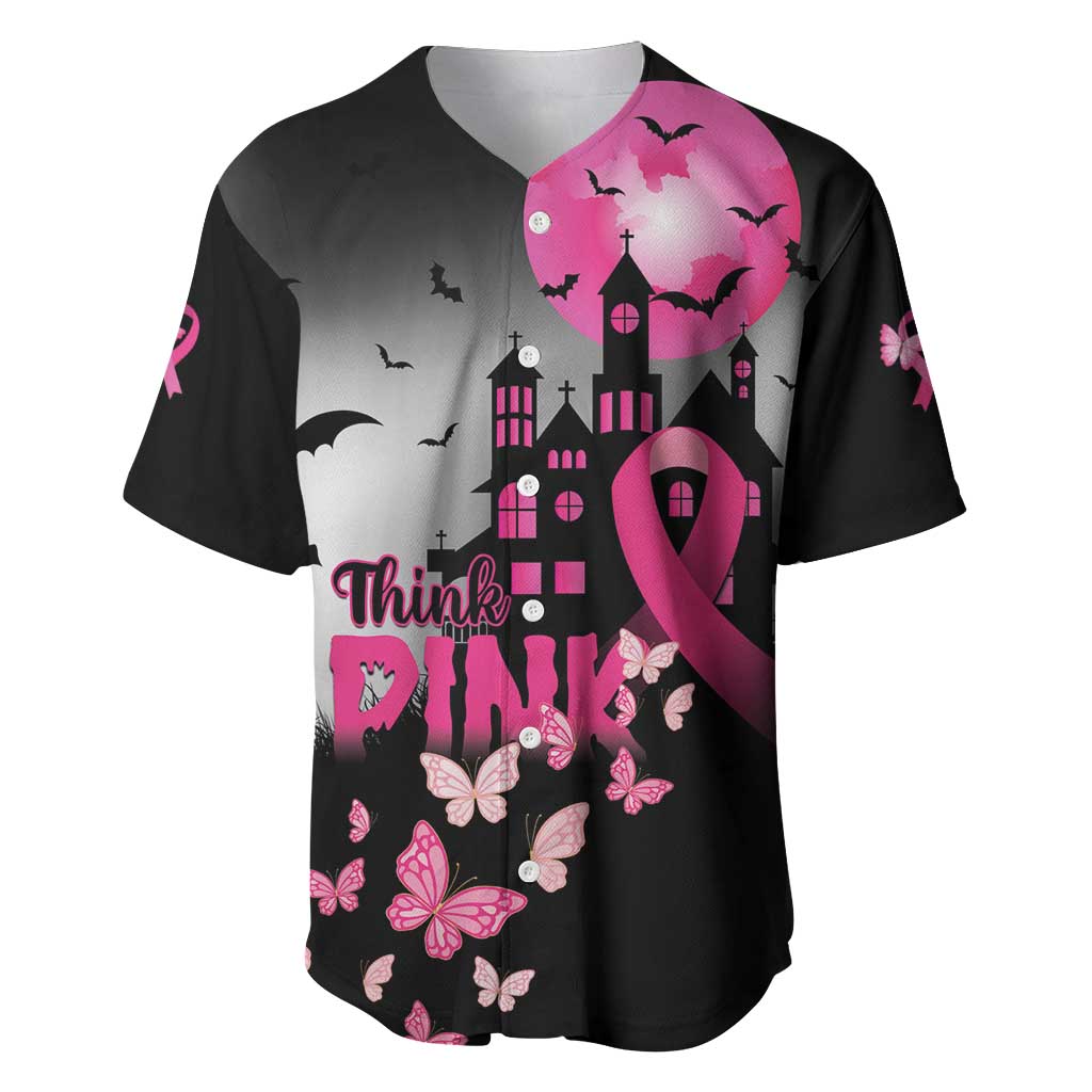 Personalized At Halloween We Think Pink Baseball Jersey Pink Ribbon Butterflies - Wonder Print Shop