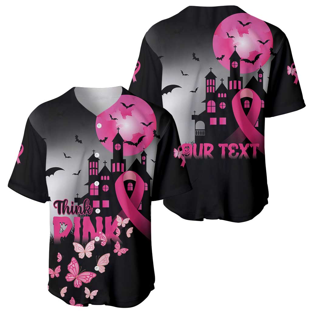 Personalized At Halloween We Think Pink Baseball Jersey Pink Ribbon Butterflies - Wonder Print Shop
