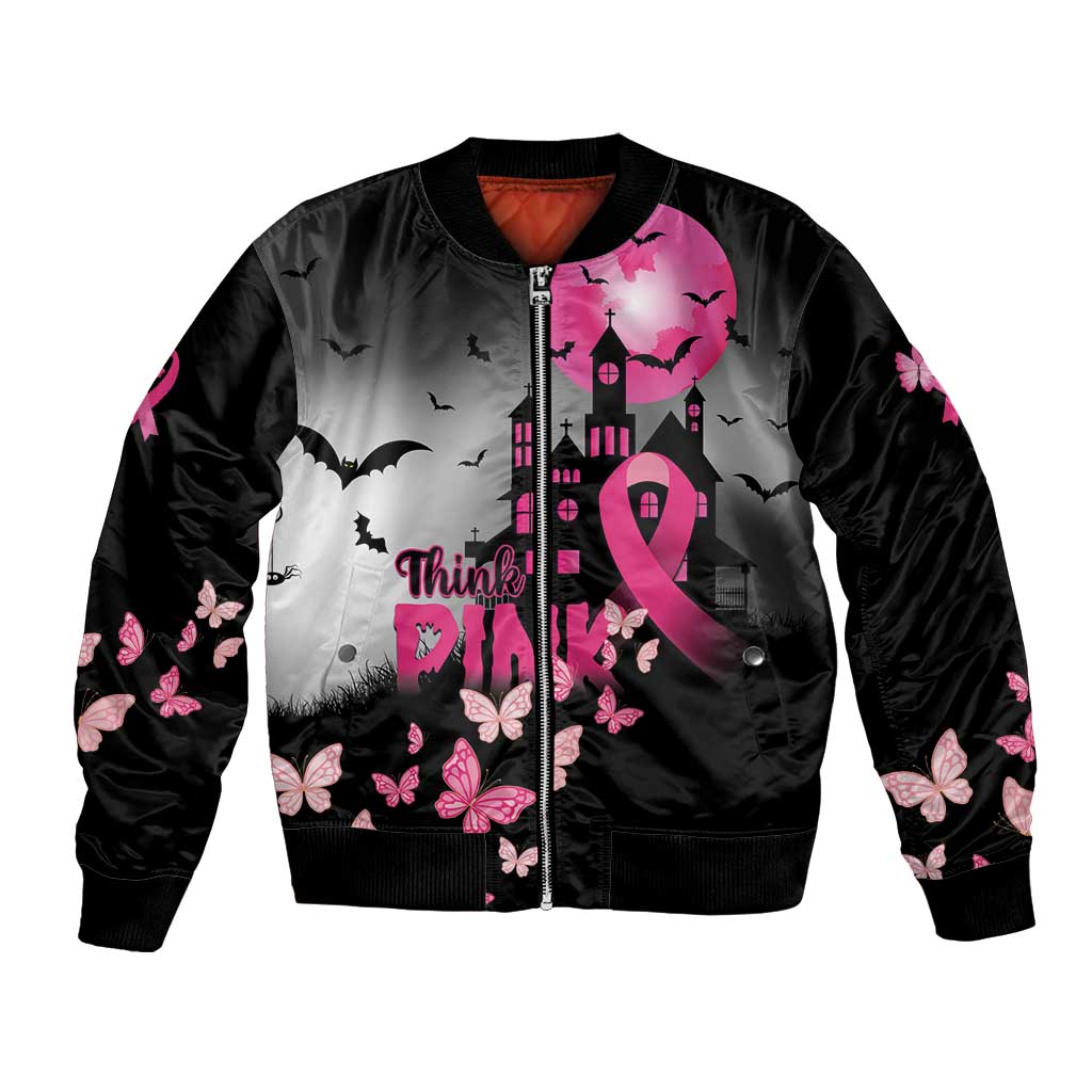 Personalized At Halloween We Think Pink Bomber Jacket Pink Ribbon Butterflies - Wonder Print Shop