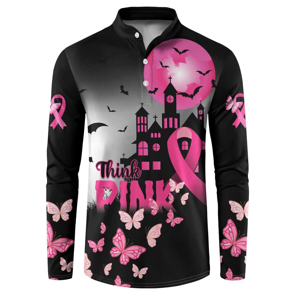 Personalized At Halloween We Think Pink Button Sweatshirt Pink Ribbon Butterflies - Wonder Print Shop