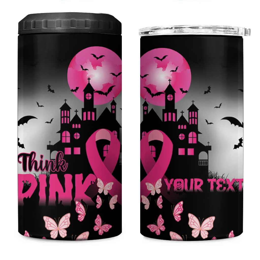 Personalized At Halloween We Think Pink 4 in 1 Can Cooler Tumbler Pink Ribbon Butterflies - Wonder Print Shop