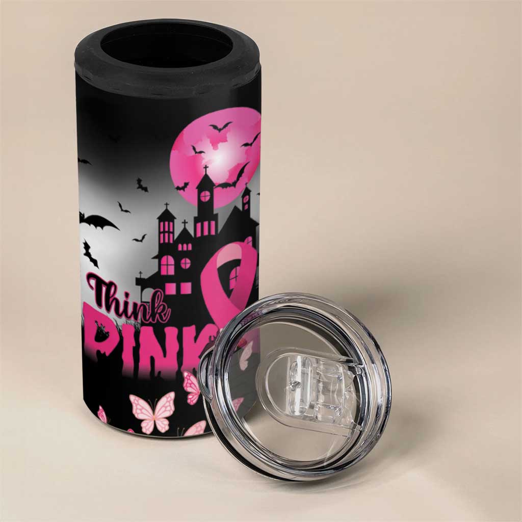 Personalized At Halloween We Think Pink 4 in 1 Can Cooler Tumbler Pink Ribbon Butterflies - Wonder Print Shop
