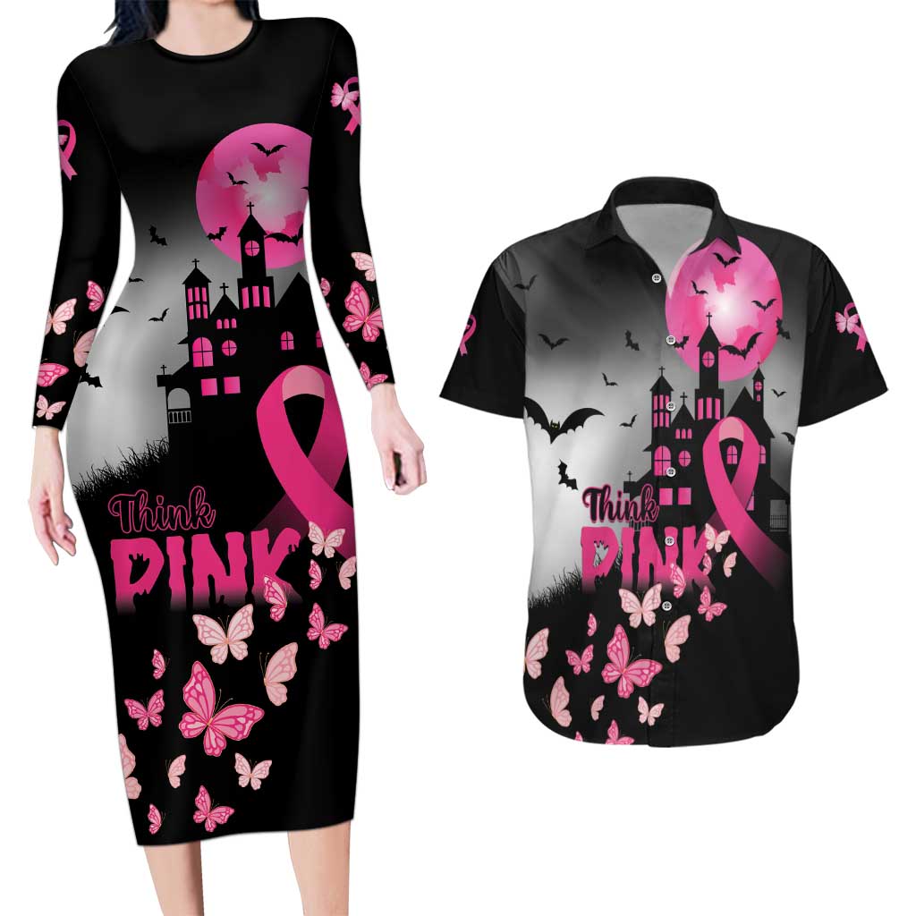 Personalized At Halloween We Think Pink Couples Matching Long Sleeve Bodycon Dress and Hawaiian Shirt Pink Ribbon Butterflies - Wonder Print Shop
