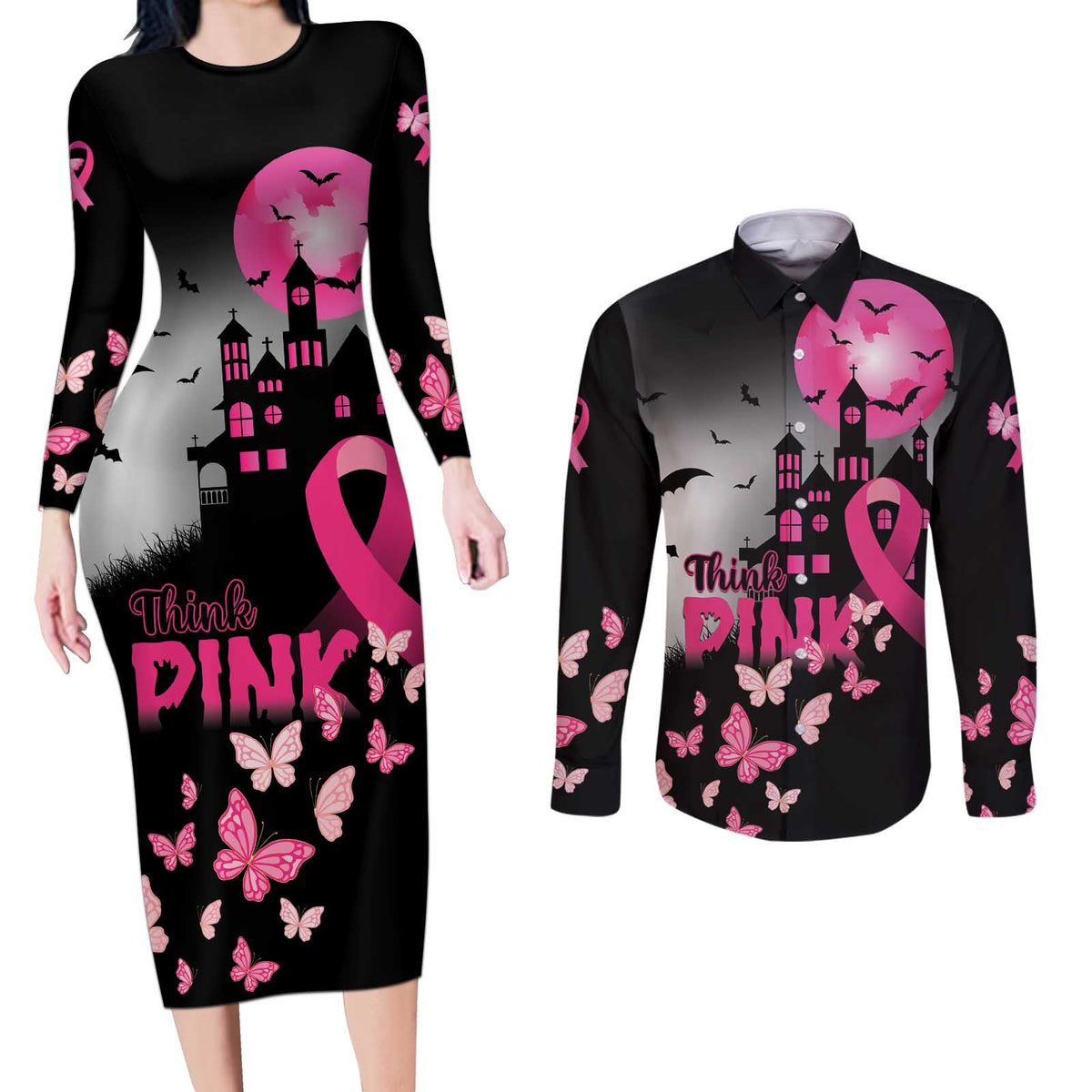 Personalized At Halloween We Think Pink Couples Matching Long Sleeve Bodycon Dress and Long Sleeve Button Shirt Pink Ribbon Butterflies - Wonder Print Shop