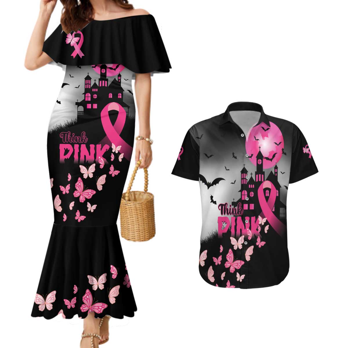 Personalized At Halloween We Think Pink Couples Matching Mermaid Dress and Hawaiian Shirt Pink Ribbon Butterflies - Wonder Print Shop