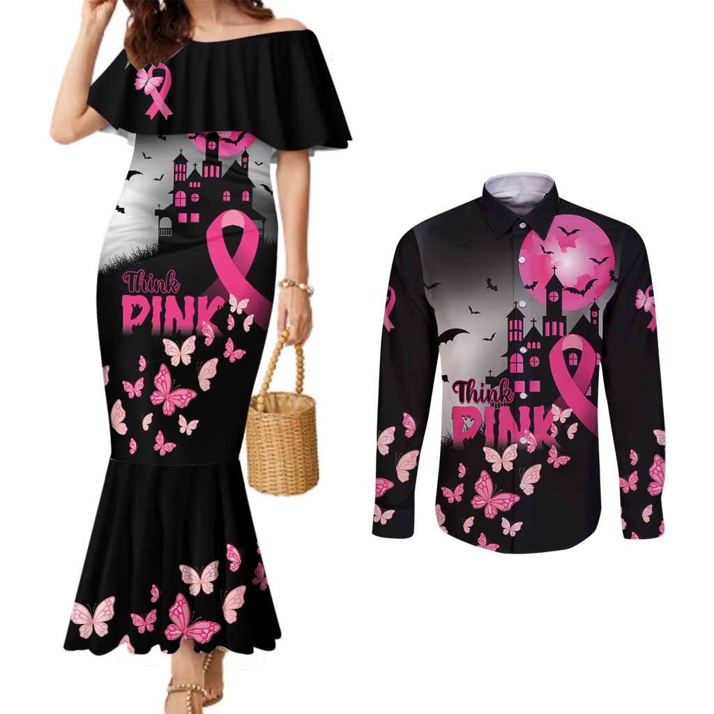 Personalized At Halloween We Think Pink Couples Matching Mermaid Dress and Long Sleeve Button Shirt Pink Ribbon Butterflies