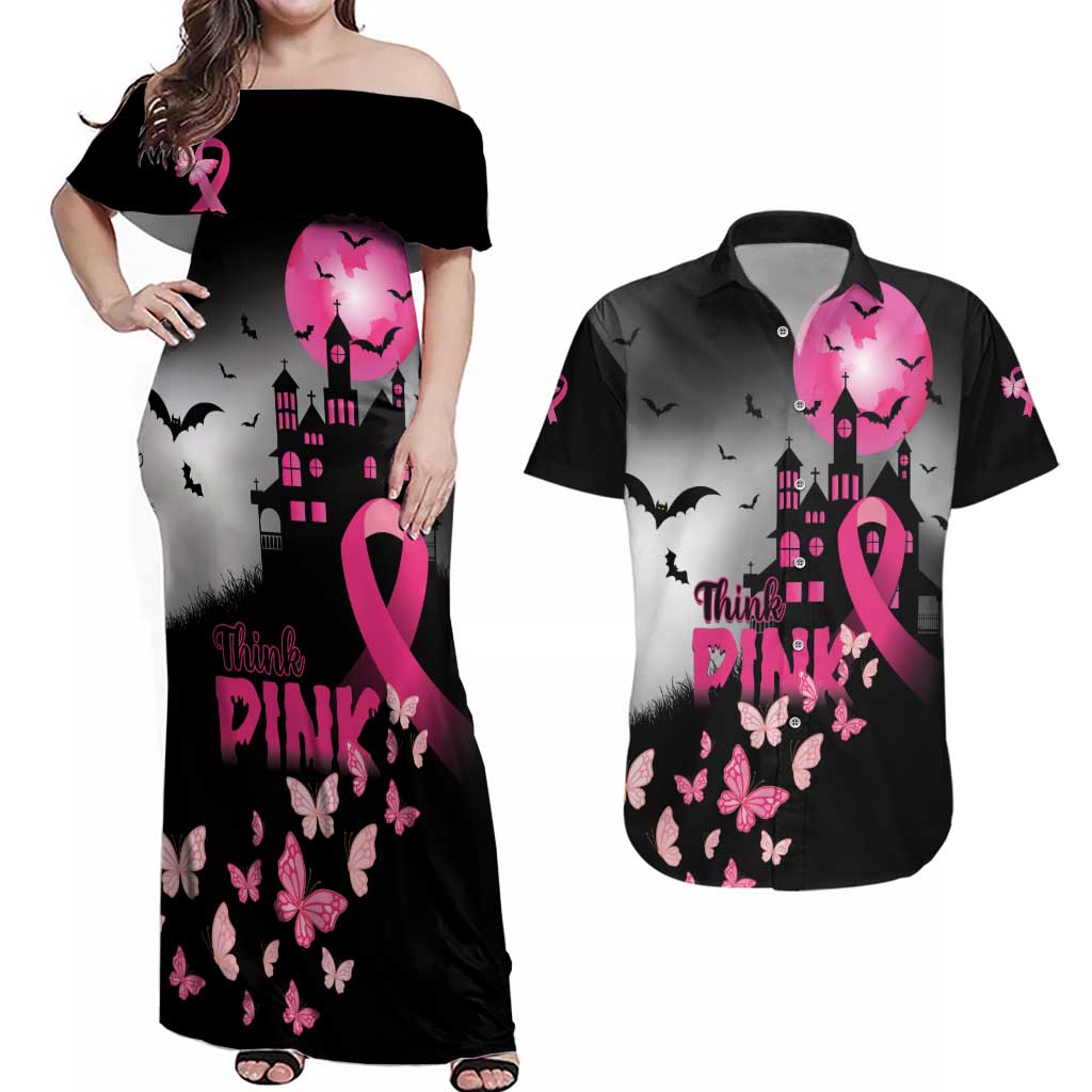 Personalized At Halloween We Think Pink Couples Matching Off Shoulder Maxi Dress and Hawaiian Shirt Pink Ribbon Butterflies - Wonder Print Shop