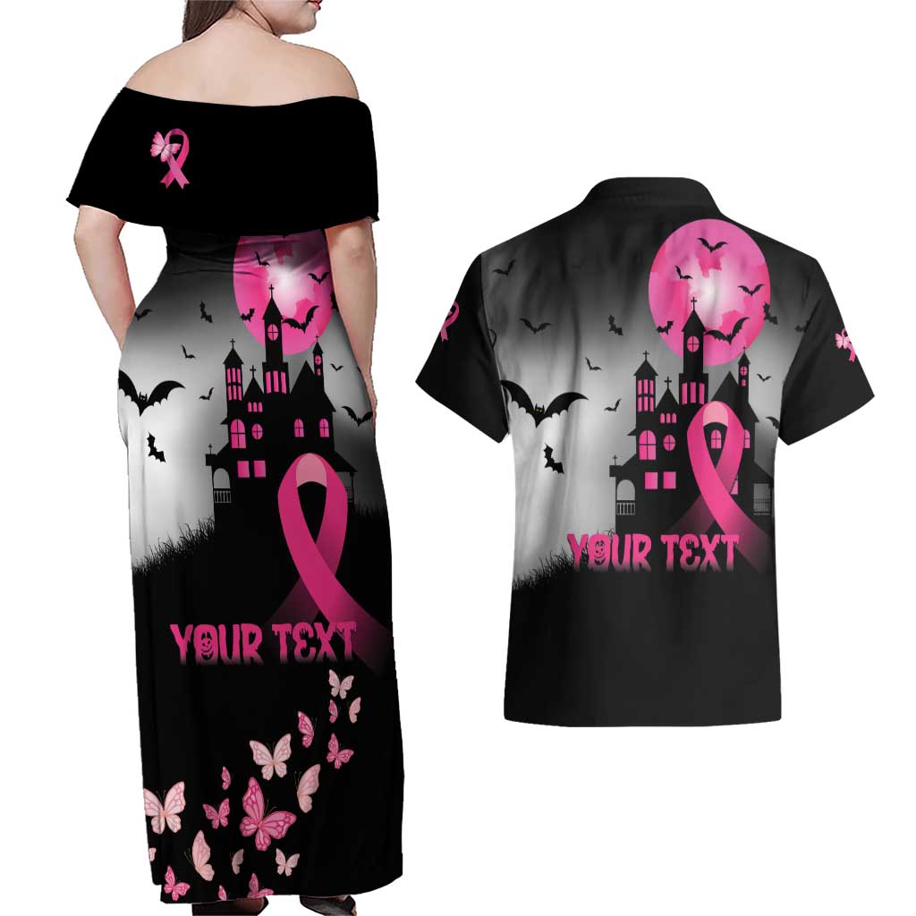 Personalized At Halloween We Think Pink Couples Matching Off Shoulder Maxi Dress and Hawaiian Shirt Pink Ribbon Butterflies - Wonder Print Shop