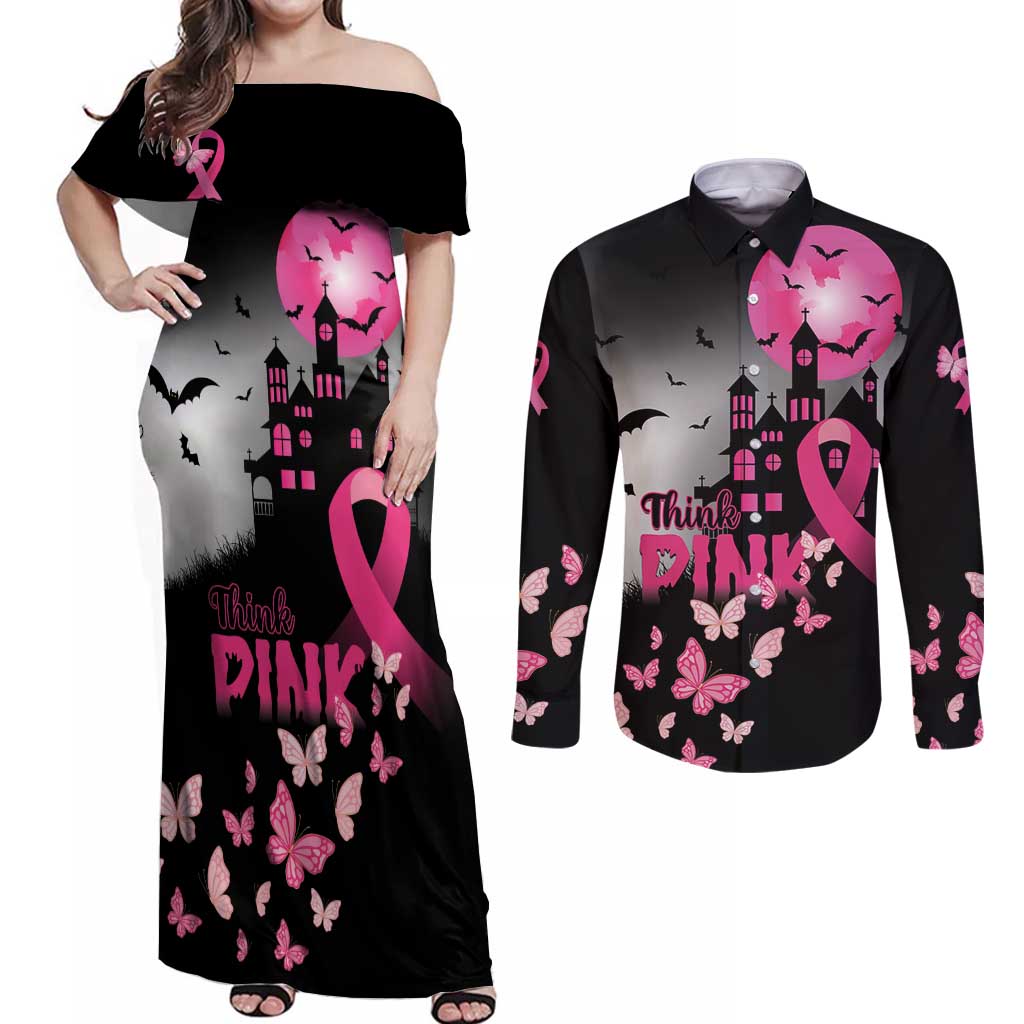 Personalized At Halloween We Think Pink Couples Matching Off Shoulder Maxi Dress and Long Sleeve Button Shirt Pink Ribbon Butterflies - Wonder Print Shop
